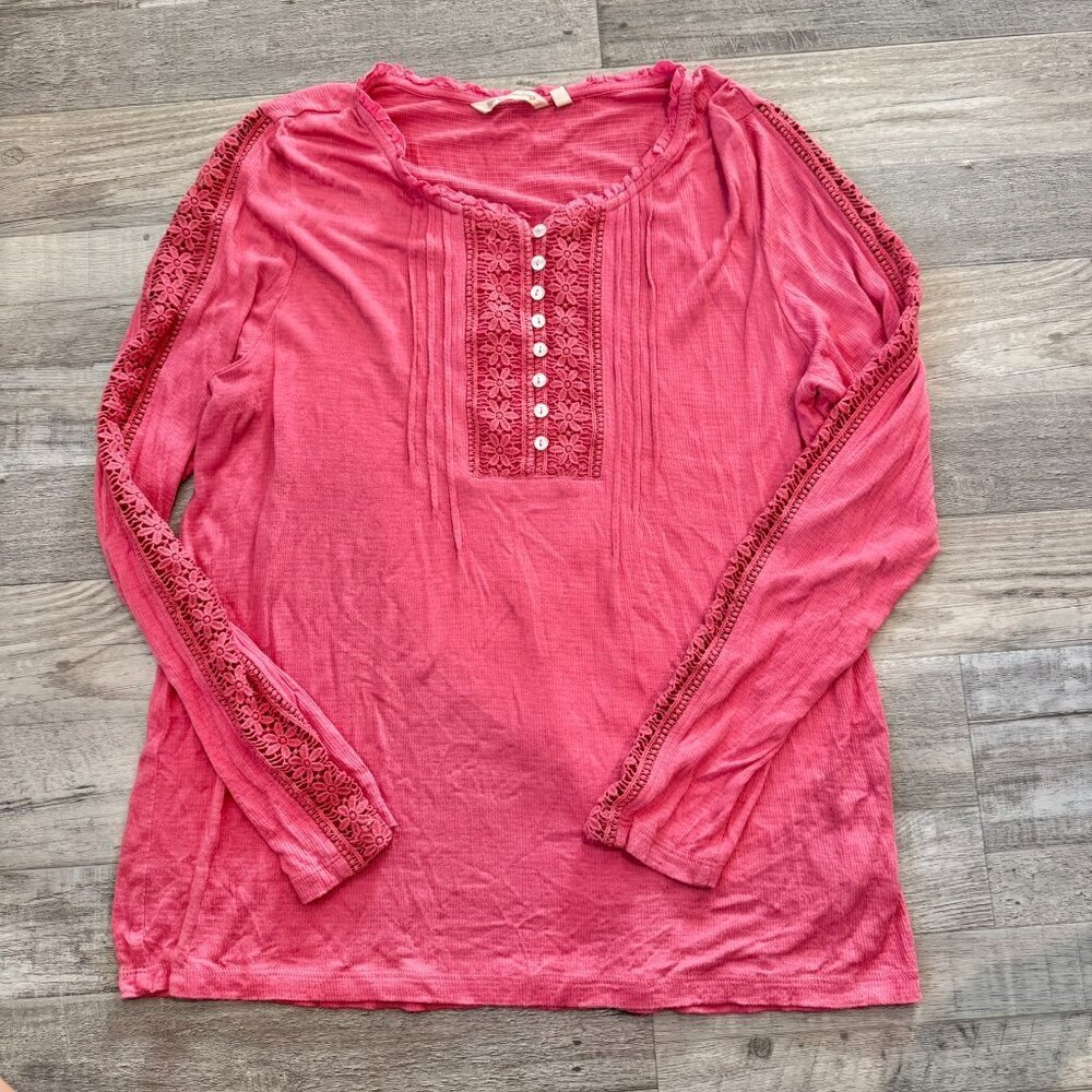 Soft Surroundings pink knit lace panel long sleeve tunic size medium O3